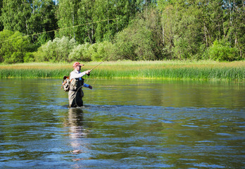 Fisherman catches of chub  fly fishing in the Chusovaya river