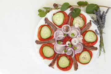 Sardine fillets with  Mediterranean herbs, space for text