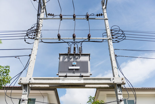 Transformer on high power station. High voltage
