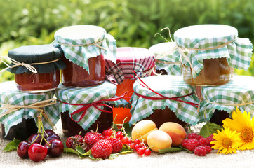 verschiedene selbstgemachte Marmelade mit Früchten, Copyspace