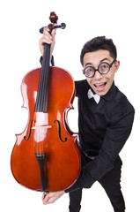 Funny man with violin on white