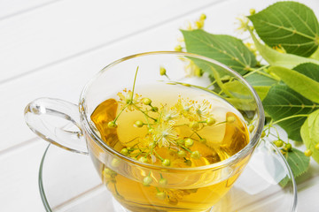 linden tea on a white wooden table