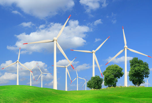 Wind turbines in summer landscape