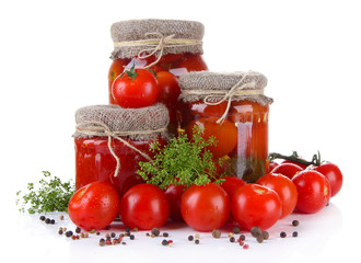 Tasty canned and fresh tomatoes, isolated on white