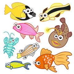 cartoon sea animals set with white background
