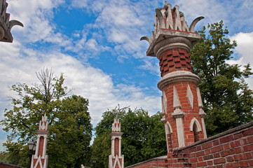 Figurne Bridge in Tsaritsyno Park in Moscow view on the towers
