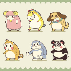 retro cute animals set