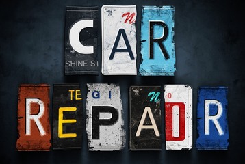 Car repair word on vintage license plates, concept sign