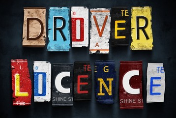 Driver licence word on vintage car license plates, concept sign