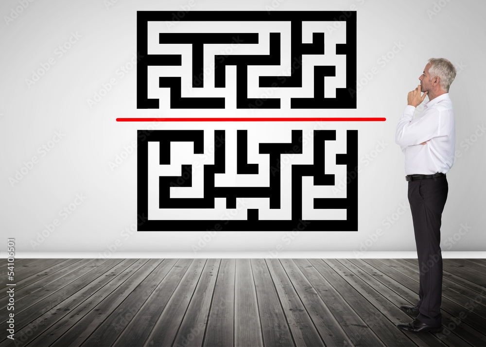 Poster thoughtful businessman looking at qr code
