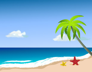 Fototapeta na wymiar Palm tree on the beach, starfish on the sand. Vector image.