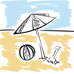 silhouette beach with ball and umbrella