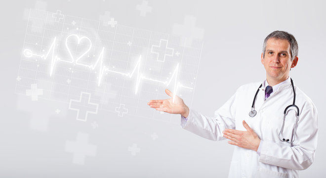 Doctor examinates heartbeat with abstract heart