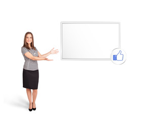 young woman presenting modern copy space