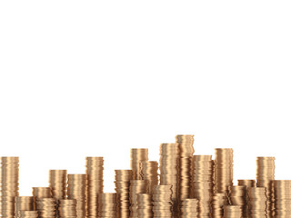 A lot of stacks of coins on white