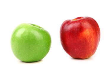Green and red apple on white background