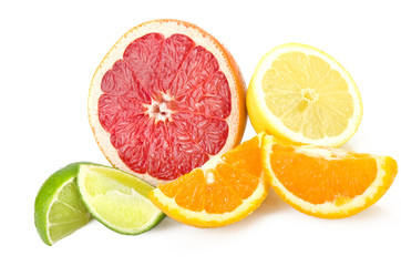 Fototapeta premium Orange lemon grapefruit and lime sliced on the white