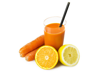 ace juice, orange, carrot and lemon on white