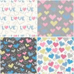 Set of seamless patterns with pixel hearts