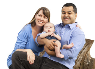 Mixed Race Young Family with a Baby - on White