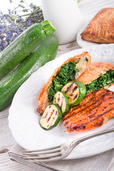 grilled steaks with puff pastry bag and zucchini