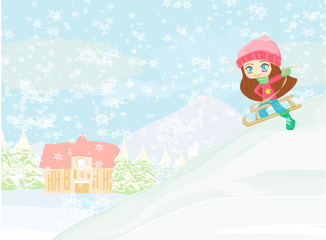 Little girl sledding - vector illustration