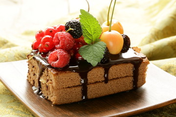 chocolate cake with berries (raspberry, currant, cherry)