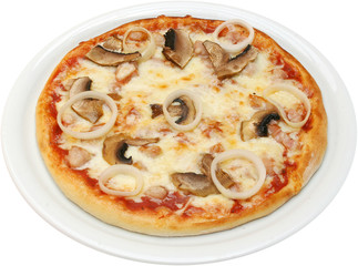 Pizza Katanas with cheese tomatoes mushrooms chicken isolated
