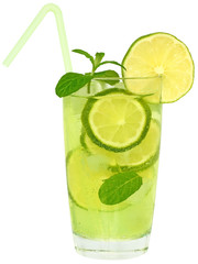 Cocktail mojito with lime and ice cubes