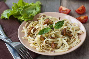 Prepared tagliatelle with fried mushrooms (chanterelles)