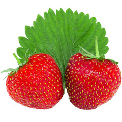 Juicy  strawberries with green leaf