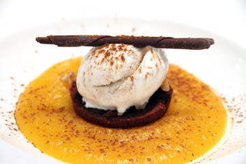 Apricot soup with ice cream dessert