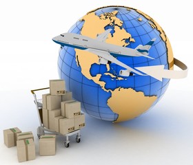 Airliner with earth and boxes on a freight light cart