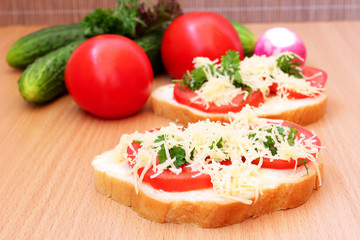 Fototapeta na wymiar toast with tomato, cheese and greens
