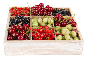 Different summer berries in wooden crate isolated on white