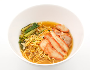 Chinese noodles with red pork isolated on white background