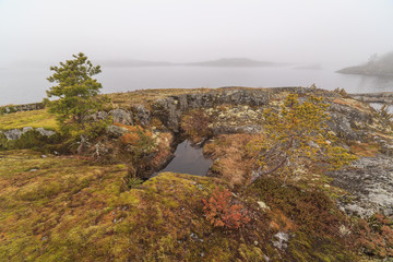 Obraz premium Fog on stony coast of lake. spring landscape