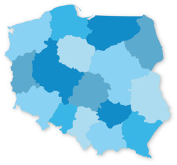 Obraz premium Niebieska wektorowa mapa Polski z województwami