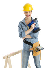 Worker With Drill And Tool Belt Standing By Work Horse