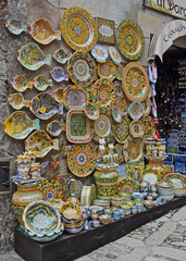Locally made arts and crafts on display outside a souvenir shop in Erice in the province of Trapani in Western Sicily 