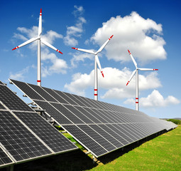 solar energy panels and wind turbine
