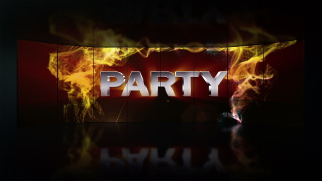 Party Text in Monitor, with Final Green Screen Transition