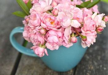 blue cup full of small pink roses