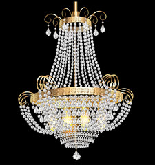 chandelier with crystal pendants on the black - obrazy, fototapety, plakaty