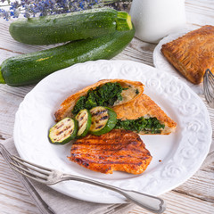 grilled steaks with puff pastry bag and zucchini