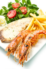 swordfish and grilled prawns with potatoes