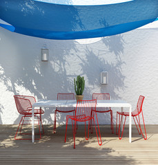 Contemporary Luxury outdoor summer lounge, blue canopy