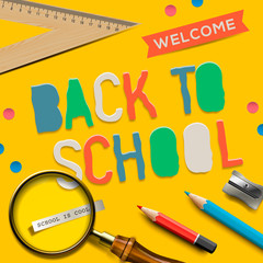 Back to school on yellow background, vector Eps10 illustration.