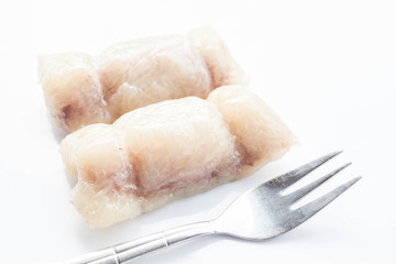 Bunch of banana mush with fork isolated on white background