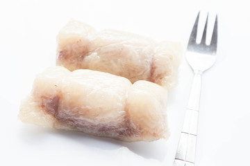 Bunch of mush banan filling with fork isolated on white backgrou